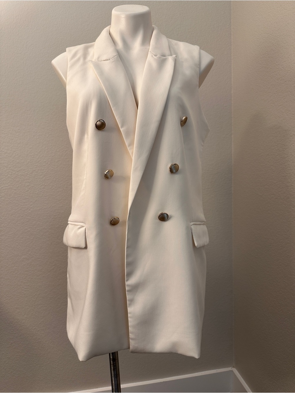 Longline Sleeveless Double-Breasted Ivory Cream Blazer Vest